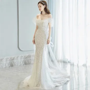 Puošni Balta Nuotakos Suknelė Stebėjimo Slim Vestuvių Gale Mermaid Dress 2023 Naujas Tiulio Grindų Ilgis Oficialių Pokylių Suknelės