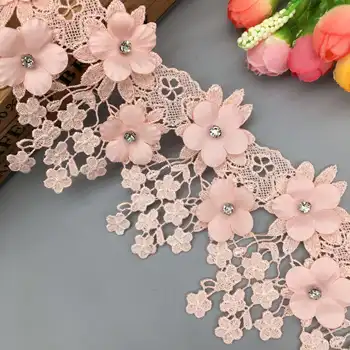 1 Kiemas Rožinė 3D Diamond Gėlių Nėrinių Apdaila Audinio juosta Kutas Siuvinėtos Aplikacijos, Siuvimo Amato Vestuvių Suknelė Drabužius 9cm