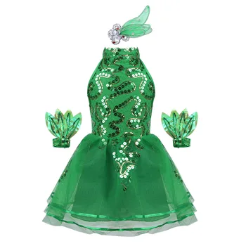 Žalia Džiazo Baleto Dancewear Blizga China Tinklelio Suknelė Etape Drabužių Nustatyti Vaikų Mergaičių Šokio Tutu Suknelė su galvos Apdangalai, Apyrankės, Apranga
