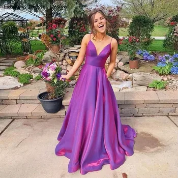 Seksualus V-kaklo Backless Prom Dresses Violetinė Satin Ilgos Linijos, 2021 vakarinę Suknelę Šalis Suknelė Spageti Dirželis Kišenėje Vestido De Festa
