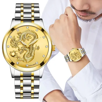 Gold Dial Mados Žiūrėti Vyrams Prabanga Kinų Stiliaus vyriški Laikrodžiai Plieno Žiūrėti Deimantų Viršuje Kvarciniai Laikrodžiai Mens Dovanos Laikrodis