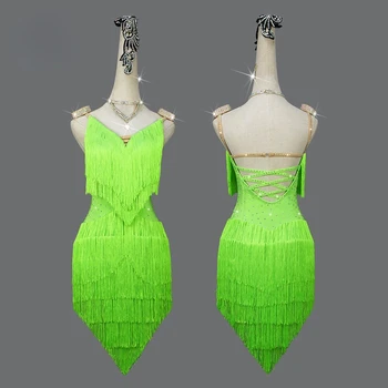 Custom Lotynų Šokių Suknelė Žalia Pakraštyje Suknelė Profesionalų Lotynų Šokių Konkurencijos Veiksmingumo Pakraštyje Sijonas Šokio Platforma Suknelė