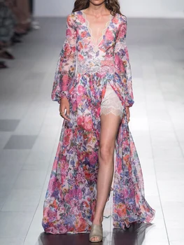 Vasaros Suknelė 2022 Nauja Seksuali Šifono Aukštos Ritininės Žibintų Rankovės Temperamentas Gėlių Lady Nėrinių Ilga Suknelė Nemokamas Pristatymas