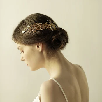 O840 Žalvario lapai ir žiedai rankų darbo crystal pearl nuotakos plaukų šukos kalnų krištolas vestuvių nuotakos hairpiece