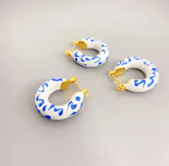Nauja mėlyna balta porceliano emaliu padengtas glazūra mados auskarai moterims tendencija spalvingas moterų derliaus Kinijos C-FORMOS klasikiniai papuošalai
