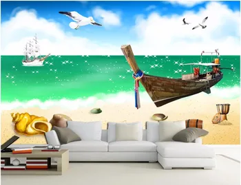 Pasirinktinius nuotraukų 3d kambario tapetai Pajūrio valtis žuvėdra kraštovaizdžio nuotrauką apdailos dažymo 3d sienų freskomis tapetai, sienų ir 3 d