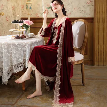 Viktorija Ilgai Rūbeliai Nustatyti, Moterų, Prabangos Veliūras Diržas Nightdress Kimono Chalatai Seksualus Nėriniai Sleepwear Pižamą Žiemos Naujas Homewear