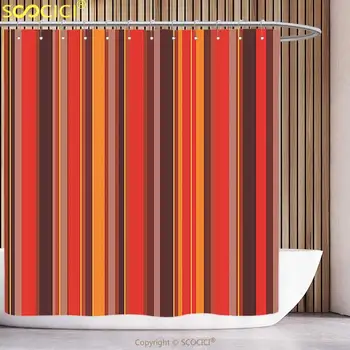 Dekoratyvinis Dušo Užuolaidos Geometrinis Vertikalus Maža ir Stora linija Dryžuotas Retro Stiliaus Grafinis Modelis Kūrinys Raudona Ruda Geltona