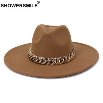 SHOWERSMILE Skrybėlės Moterims Fedora Mens Skrybėlę Aukso Grandinės Panama Kaubojus Cowgirl Britų Stilius Platus Kraštų Džiazo Kepurės Derliaus Sombrero