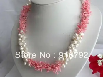 nemokamas pristatymas 3Strands White Pearl & Pink Coral NecklaceA3385 3Strands White Pearl & Pink Koralų Karoliai