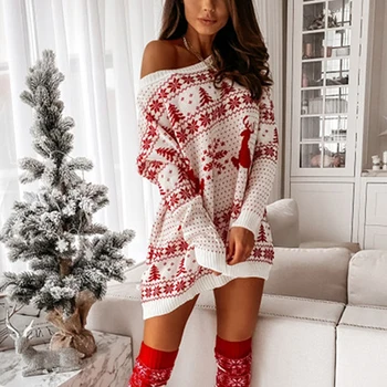 Moterų Megztinis Kalėdų Žakardo Laisvi Megztiniai Megztinis Ilgomis Rankovėmis Kalėdinis Megztinis Žiemą Šiltas Atsitiktinis Lady Megztinis