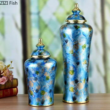 Europos Prabangos Ryškiai Mėlynos spalvos Gėlių Vaza Keramika Bako Apdailos Kambarį Auksu Flowe Vaza Saldainiai Saugojimo Jar Naujas