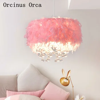 Šiaurės modernių spalvų plunksnų liustra Mergaitė Princesė Miegamasis Kambarys, vaikų kambarys lempos kūrybos rožinė LED Kristalų Liustra