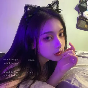 Japonijos mielas mergina sexy nėrinių polka dot kačių ausų plaukų hoop lankas šukuosena katė vaidmenų foto esminius šukuosena Neko ausis