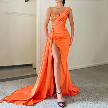 BridalAffair Oranžinės Spalvos Satino Karoliukai Prom Dresses Moterų Vakare Šalies Chalatai Plyšinės Linijos Oficialų Ilga Suknelė Ypatinga Proga Suknelės