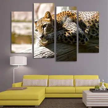 Gulėti ant kelmų leopard gyvūnų drobės tapybos 4 gabalus sienos meno apsirengt dekoratyvinės tapybos numerius spausdina ant drobės