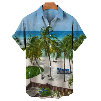Mėlynas Dangus, Kokoso Medžio 3D Spausdinimo vyriški Marškinėliai Atsitiktinis Havajų Laisvi Marškinėliai Vyrams trumpomis Rankovėmis Vieną Mygtuką Marškinėliai Vasaros Paplūdimio