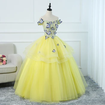 Freeship šviesiai geltonas drugelis siuvinėjimo kamuolys suknelė princesė cosplay viduramžių suknelė/dance/stage performance/solo suknelė