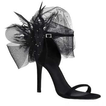 moterų sexy juoda akių plunksnų sandalai atidaryti tne adatos (stiletai) padengti aukštakulniai sandalai vasarą sagtis gėlių dizainas sandalai avalynės dydis 40