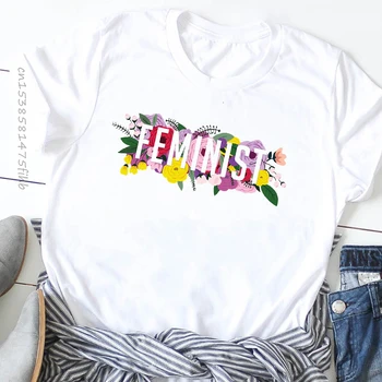 Premium Moterų Mergina Galios Gėlių Raštais Feminizmo Mielas Print T-Shirt Marškinėliai Moteriška Tees Drabužiai, Marškinėliai Grafinis Spausdinti Marškinėliai