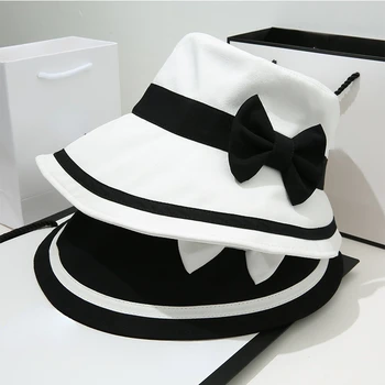 Paprasta juoda ir balta bowknot žvejys skrybėlę moterų Japonijos ankstyvo pavasario mados universalus Hepburn stiliaus saulės skydelis skrybėlę