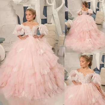Rožinė Princesė Dress Reljefiniai Gėlių mergaičių Suknelės-Line Comunion Suknelės, Gėlių mergaičių Suknelės, Vestuvių Apdarą Ceremonie Filė