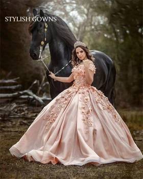 Žavinga Off Peties Kamuolys Suknelė Princesė Reljefiniai Saldus 16 Suknelė 3D Gėlės Quinceanera Suknelės Nėriniai Atgal 15 Metų Šalis