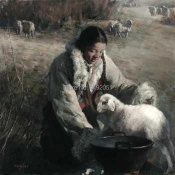 Kinijos įspūdį jauniems sheepherder kaimo mergina su avių šiuolaikinio meno drobė spausdina portretas vaizdinio meno plakatai