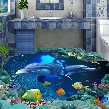 wellyu Užsakymą didelis freskomis delfinų, banginių vandenyno lipnios 3d grindys, tapetai, tapetai miegamajame 3d atsparus vandeniui grindų