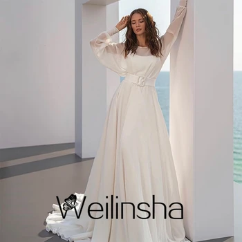 Weilinsha Scoop Baltas Diržas Vestuvinės Suknelės Naujas Pilnas Rankovės Vestuvių Suknelės Moterims 2022 Naujojo Valymo Traukinio Chalatas De Mariée Vasaros