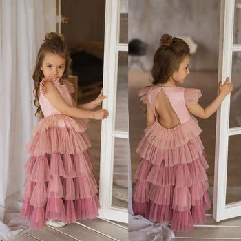 Mvozein-line Mielas Pink Gėlių mergaičių Suknelės Vaikams Gradientas Tiulio Sluoksniai, Prom Dress Backless Tiulio Rankovėmis Garsenybių Suknelės