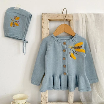 Kūdikiui Baby Girl Mezgimo Megztinis+Hat Siuvinėjimo Ilgomis Rankovėmis Megztinis Kailis Rudenį, Pavasarį Bamblys Kūdikių Mergaičių Megztinis Kailis