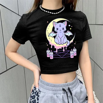 Pastelinės Goth marškinėliai pasakų grunge goth pasėlių top girl 2000-ųjų derliaus manga Harajuku pasėlių viršuje apkarpytą