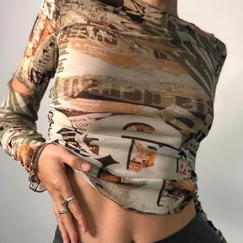 Estetinės Y2K Chaki Pasėlių Viršuje Vintage Marškinėliai Seksuali Moteris Slim Bodycon korėjos ilgomis Rankovėmis Viršūnes Golfo Gotikos Streetwear Indie