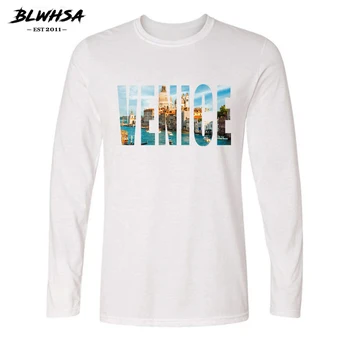 BLWHSA Aukščiausios Kokybės ilgomis Rankovėmis Vandens Miestas Venecija Print T Shirt Vyrams Mados Venecija Miesto Projektavimo Medvilnės O Kaklo Vyrų Marškinėlius