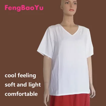 Fengbaoyu Kokybės Medvilnės, Šilko Vasaros Moterų Trumpas rankovėmis V-kaklo, Atsitiktinis marškinėliai Sveria 100Kg Prakaitas sugeriančios Viršų Paprasta