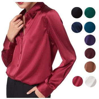 Birdsky, 1PC Moterų ilgas rankovėmis marškinėliai palaidinė marškinėliai Viršuje office lady stovėti apykaklės 95% mulberry šilko satino vientisos spalvos. S-223