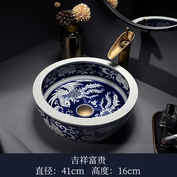 Kinija Klasikinis Porceliano Tapyba Meno Countertop spalvos vonios kriaukle mėlynos ir baltos keraminės kriauklės
