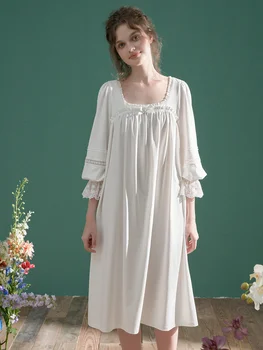 Naujas Vintage Cotton Nightgowns Moterų Royal Princess Vientisos Spalvos Prarasti Nėrinių Pusė Rankovės Marškiniai Vasaros Namų Suknelė
