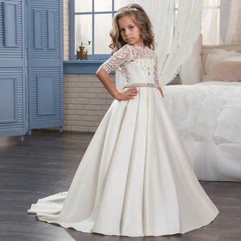 Oficialus Gėlių Mergaičių Suknelės Vestuvėms Šalis Princesė Ceremonija Suknelė Pusė Rankovėmis Ir Nėrinių Pirmosios Komunijos Suknelės Baby Girl