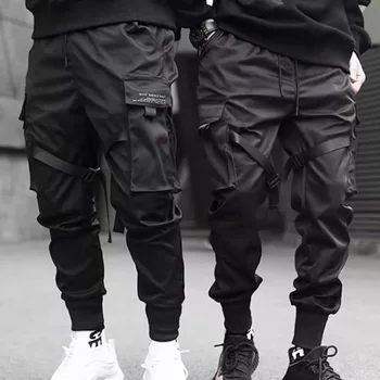 Kišenės Juostelės Juodos Hip-Hop Atsitiktinis Vyras Poilsiu Kelnės Mados Atsitiktinis Streetwear Ilgas Kelnes Krovinių Haremo Kelnės Pusėje