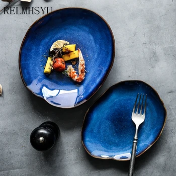 1PC RELMHSYU Europos Stiliaus tamsiai Mėlynos Keraminės Nereguliarus Salotos Daržovių Butas Vakarienės Lėkštės Stalo Patiekalas