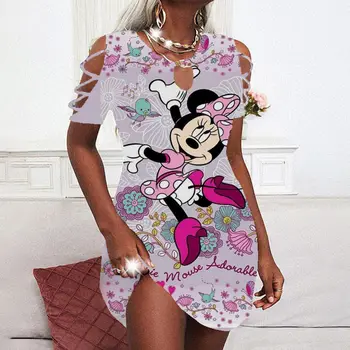Minnie Mouse Paplūdimio Suknelė Off Peties Vasaros Suknelės Moteris 2022 Mickey Išpjovą Rankovėmis Elegantiškas Moteris 