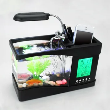 Maža darbalaukio akvariumas su USB, LED šviesos, LCD ekranas, laikrodis, žuvų bako apdaila