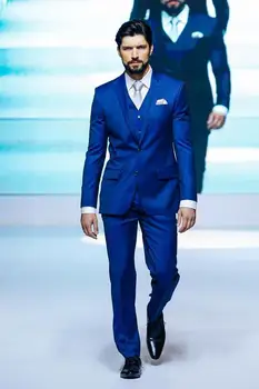 Aukštos Kokybės Royal Blue Dvi Mygtuką Jaunikis Tuxedos Žingsniu Atvartas Groomsmen Vyrų Vestuvių Tuxedos Prom Kostiumai ( švarkas+Kelnės+liemenė+kaklaraištis)