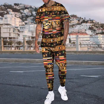 Nauja Vasaros vyriški Marškinėliai Rinkinys Afrika Dashiki Enthic Stiliaus 2 Gabalas Negabaritinių Drabužių trumpomis Rankovėmis Kostiumą, O ant Kaklo Atsitiktinis Streetwear