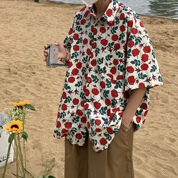 Rose Visą Spausdinti Paplūdimys Marškinėliai Vyrams Mygtuką Iki Marškinėliai Moterims 2022 Vasaros Amerikos Havajų High Street Prarasti Derliaus Atsitiktinis Marškinėliai Topai
