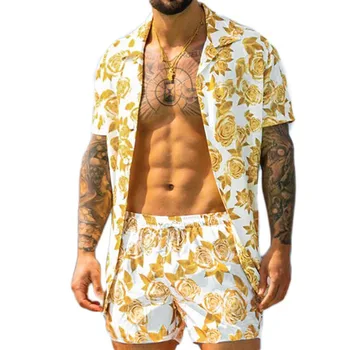 Havajų Vyrų Rinkiniai Spausdinimo 2021 M. Vasarą trumpomis Rankovėmis Mygtuką Marškinėliai Paplūdimio Šortai Streetwear Atsitiktinis Mens Kostiumas 2 Vienetų Komplektas 4