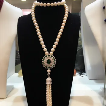 karšto parduodame naujus natūralios 9-10 mm, baltos spalvos gėlavandenių perlų vėrinį ilgai micro apdaila cirkonis užsegimas megztinis grandinės kutas bižuterijos