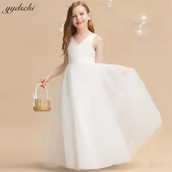 Paprasta Balta Berankovė Gėlių Mergaičių Suknelės, Vestuvių 2023 Princesė-Line Tiulio Vaikai Konkurso Pirmosios Komunijos Suknelės Su Laivapriekio